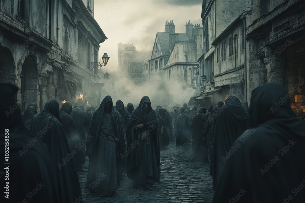 Naklejka premium Group of hooded figures in a misty, old European village