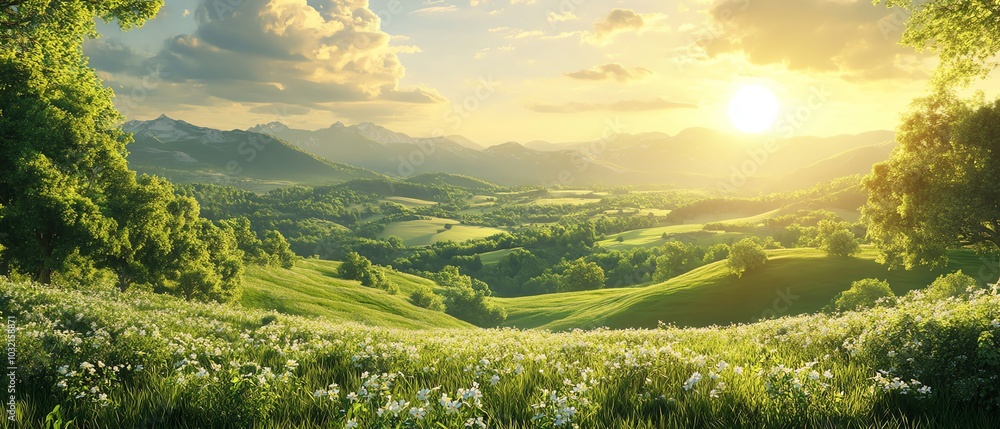 A harmonious landscape depicting sustainable energy solutions as part of a greener future, emphasizing ecofriendly initiatives and nature