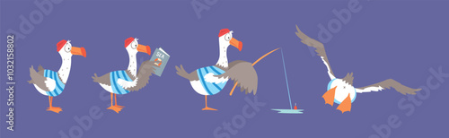 Seagull Bird in Sailor Striped Shirt Vector Set