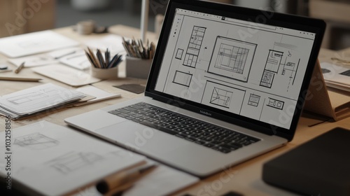 A laptop with a blueprint open on the screen sits on a wooden desk surrounded by pencils, notebooks, and other design tools.