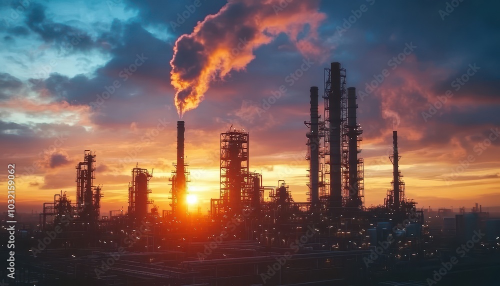 Industrial view of an oil refinery at sunrise against a cloudy sky Industrial view of an oil refinery at sunrise against a cloudy sky
