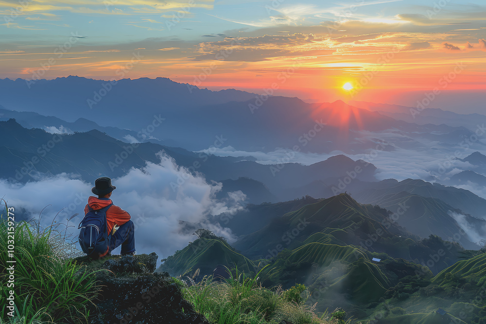 A man who hikers enjoy a break look at the top of the mountain at sunset adventure travel. A man who hikers enjoy a break look at the top of the mountain at sunset adventure travel.