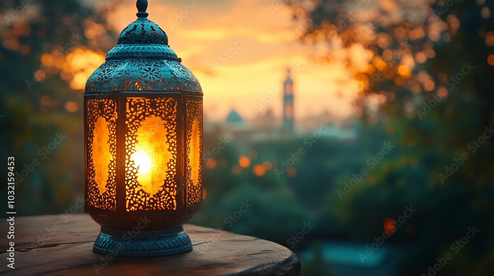 Naklejka premium A beautifully crafted lantern glowing at sunset, creating a warm and inviting atmosphere.