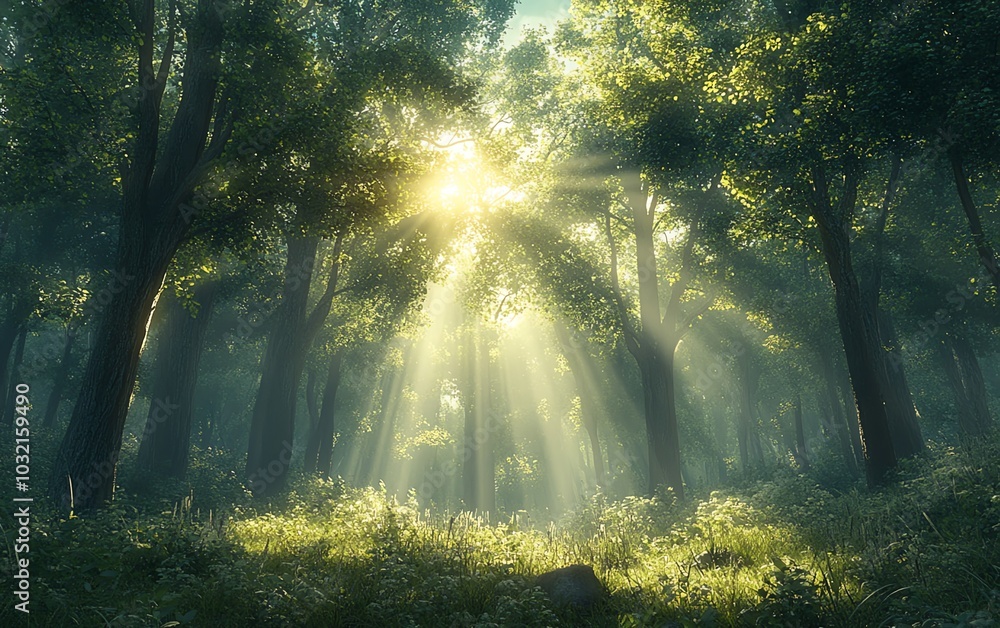 Fototapeta premium A serene nature landscape featuring sunlight filtering through towering green trees in a mystical forest, creating an enchanting atmosphere