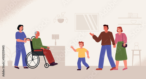 Meeting with relatives in a nursing home. A married couple with their son visit their grandfather in a wheelchair in a hospice.