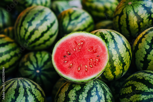 Close up of sliced watermelon with vibrant red flesh surrounded by whole green watermelons on market stall