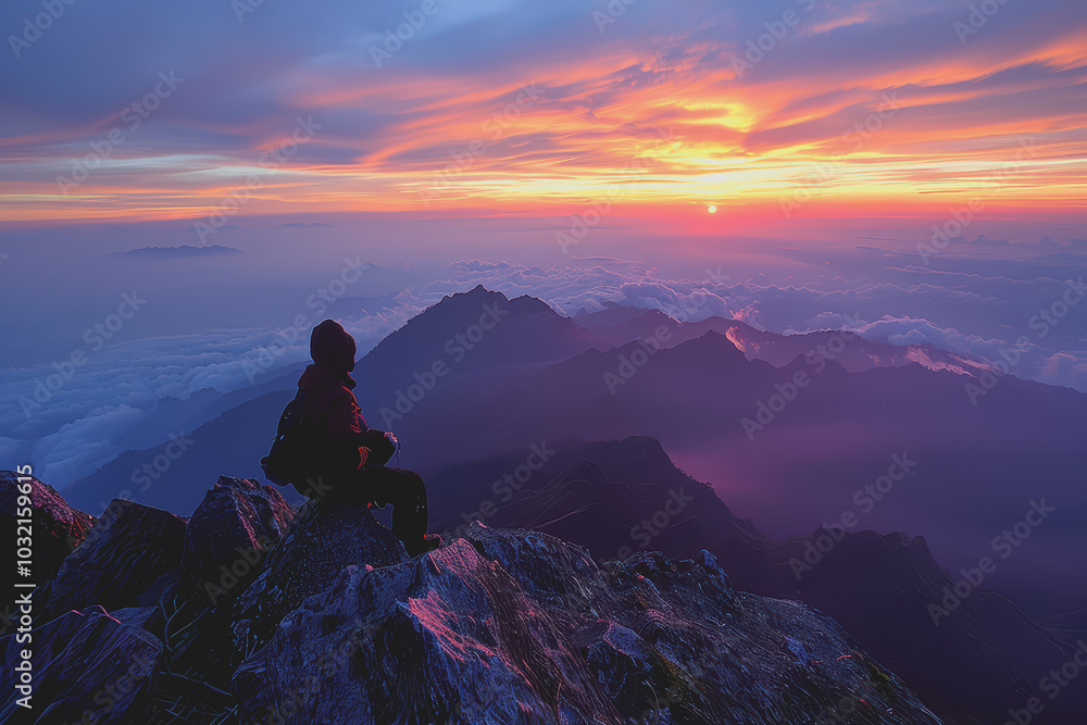 A man who hikers enjoy a break look at the top of the mountain at sunset adventure travel. A man who hikers enjoy a break look at the top of the mountain at sunset adventure travel.