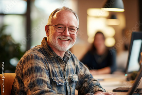 Smiling elderly man wearing glasses sitting in casual indoor setting. Confident senior businessman working in modern office. Portrait of mature corporate worker