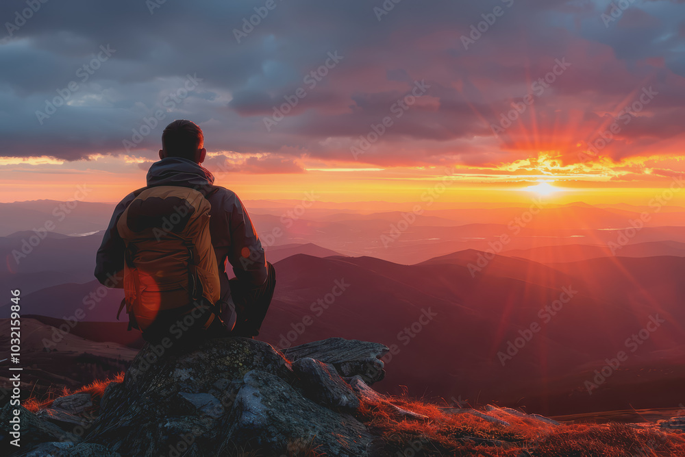 A man who hikers enjoy a break look at the top of the mountain at sunset adventure travel. A man who hikers enjoy a break look at the top of the mountain at sunset adventure travel.