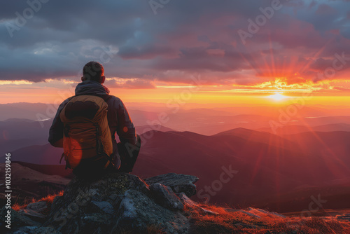 A man who hikers enjoy a break look at the top of the mountain at sunset adventure travel.