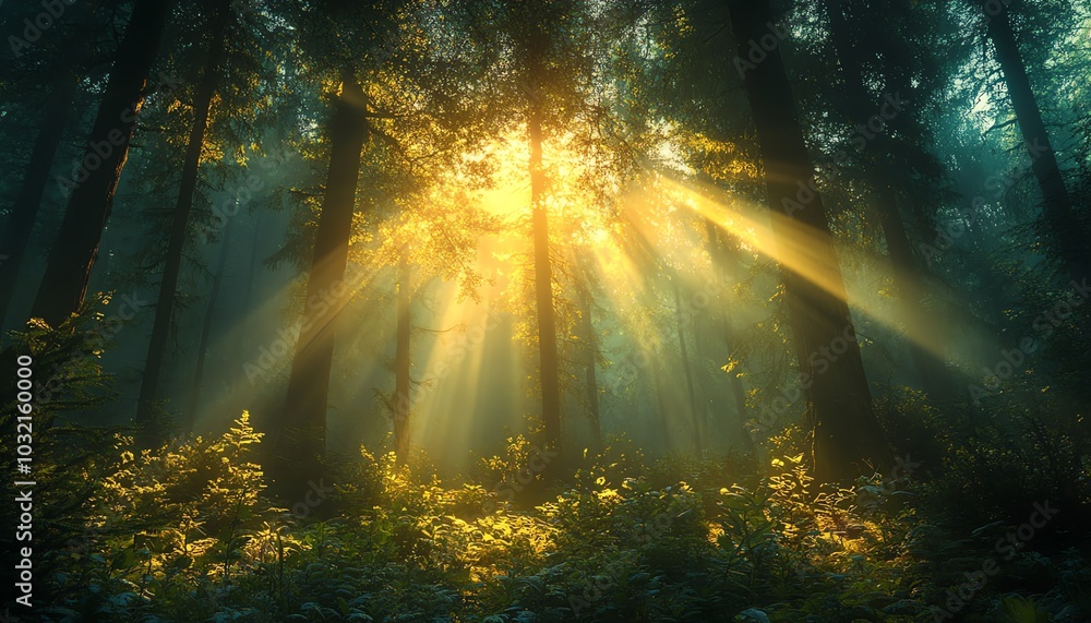 A vibrant forest scene with sunlight breaking through green treetops, creating stunning lens flare in captivating nature photography A vibrant forest scene with sunlight breaking through green treetops, creating stunning lens flare in captivating nature photography