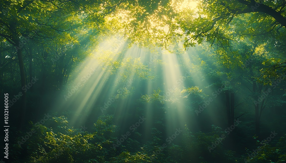 A vibrant forest scene with sunlight breaking through green treetops, creating stunning lens flare in captivating nature photography A vibrant forest scene with sunlight breaking through green treetops, creating stunning lens flare in captivating nature photography