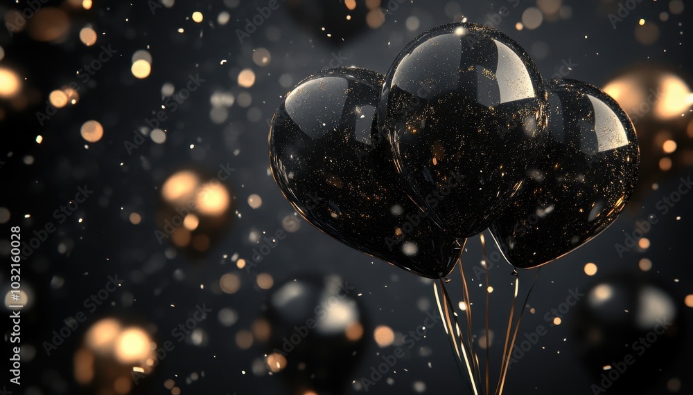Elegant black and golden balloons with sparkles against a dark gray backdrop Elegant black and golden balloons with sparkles against a dark gray backdrop