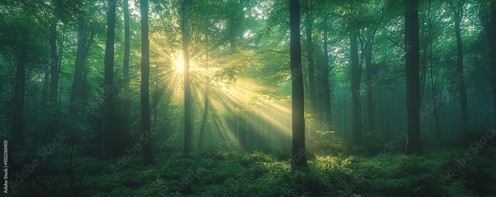Obraz premium An ethereal image of sunlight breaking through the canopy of tall green trees in a mystical forest, perfect for serene nature photography