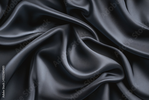 Dark blue satin fabric forming waves. Abstract silk background with folds. Soft texture of smooth material