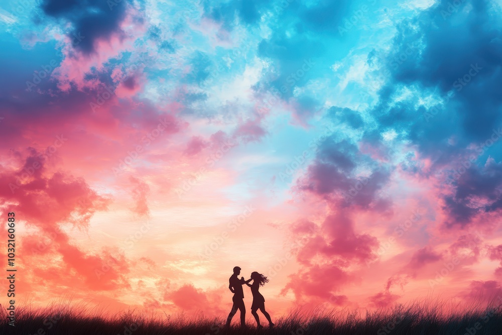 Fototapeta premium Couple Dancing in Vibrant Field Under Glowing Sunset