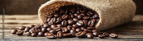 Coffee beans pouring from a neatly wrapped burlap sack, their dark tones contrasting with the textured bag on a wooden surface