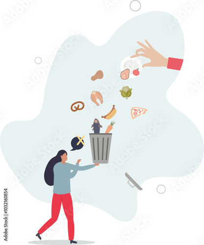 Food waste and meal leftovers garbage reduce awareness.Throw away groceries in trash after shelf life end .flat design with people.