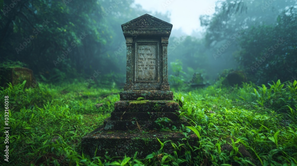 Obraz premium Weathered Ancient Gravestone Standing in Foggy Landscape