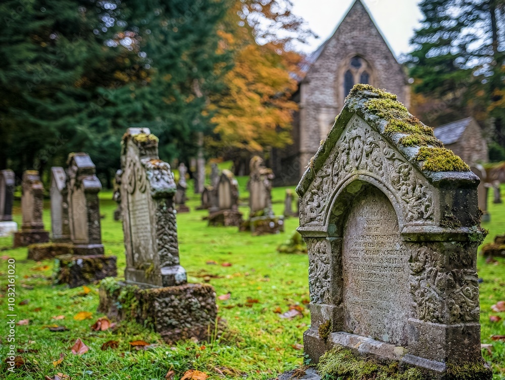 Ancient Gravestones in Serene Churchyard Setting Ancient Gravestones in Serene Churchyard Setting