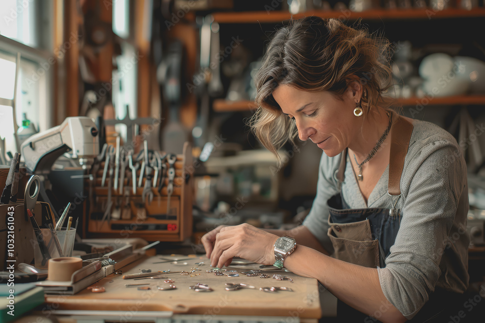 Fototapeta premium A woman making jewelry in her office filled with tools.