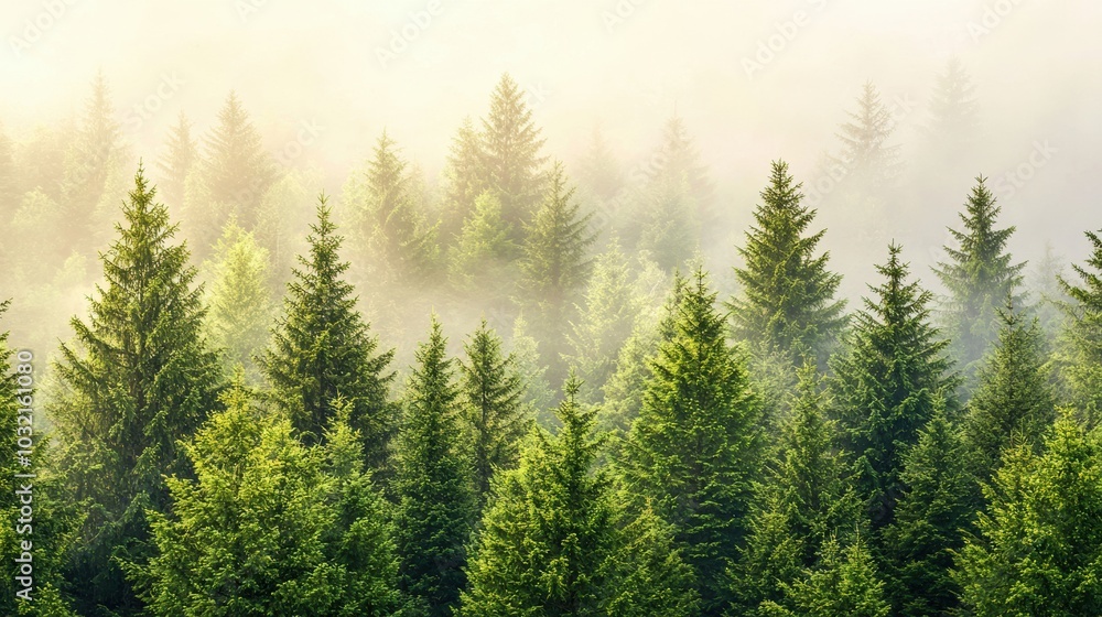 A serene forest scene featuring lush green trees enveloped in morning mist, creating a peaceful atmosphere of nature's beauty. A serene forest scene featuring lush green trees enveloped in morning mist, creating a peaceful atmosphere of nature's beauty.