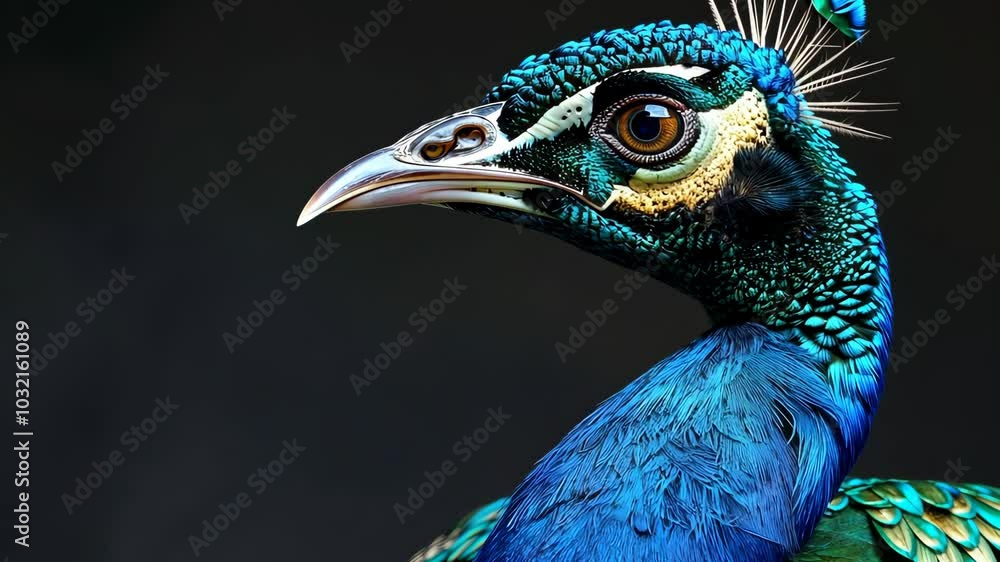 Close-up of a vibrant peacock with detailed feathers and dark background. Close-up of a vibrant peacock with detailed feathers and dark background.