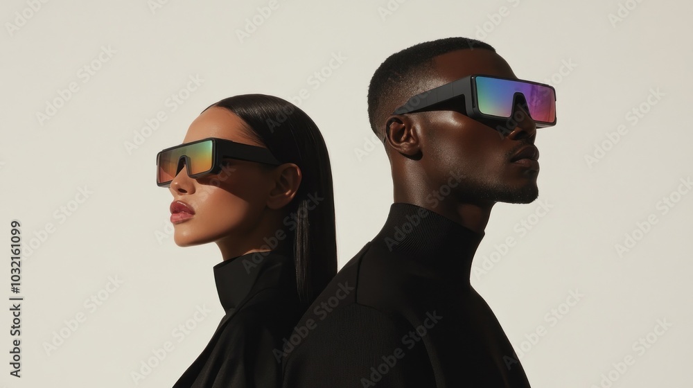 Bold futuristic eyewear on stylish male and female duo