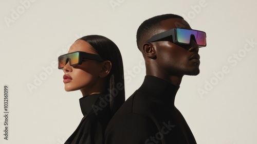 Obraz na płótnie Bold futuristic eyewear on stylish male and female duo w salonie