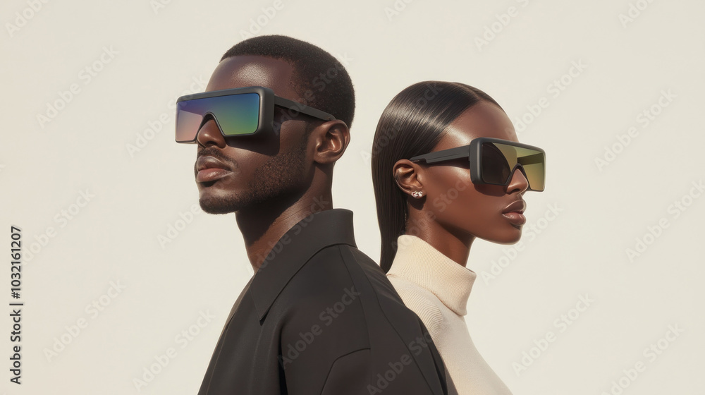 Modern couple in reflective sunglasses on light backdrop Modern couple in reflective sunglasses on light backdrop
