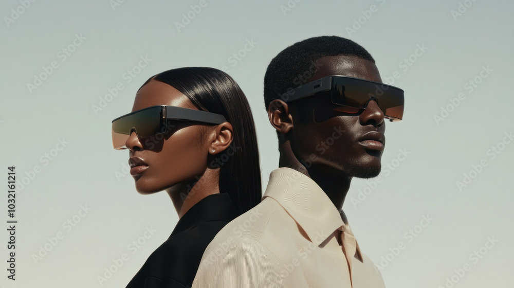 Two people facing opposite sides wearing futuristic glasses Two people facing opposite sides wearing futuristic glasses