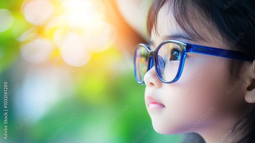 Young child wearing blue glasses focusing on distant tree outside window, symbolizing myopia prevention and importance of outdoor activities.