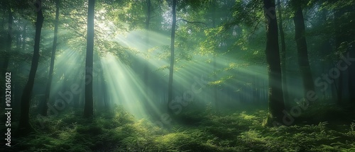 Mystical forest landscape where sunlight filters through tall green trees  creating a serene and tranquil atmosphere in nature photography
