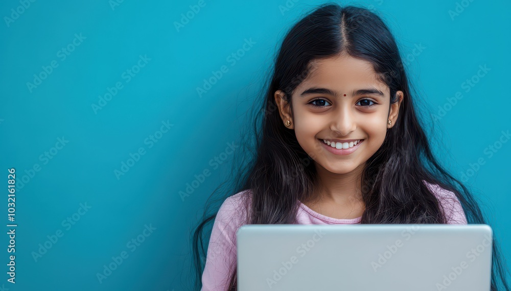 Smiling Indian teen girl engaged in online study on blue background Smiling Indian teen girl engaged in online study on blue background