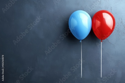 Two colorful balloons, one red and one blue, gracefully suspended against a textured dark gray background, perfect for celebrations and events. photo