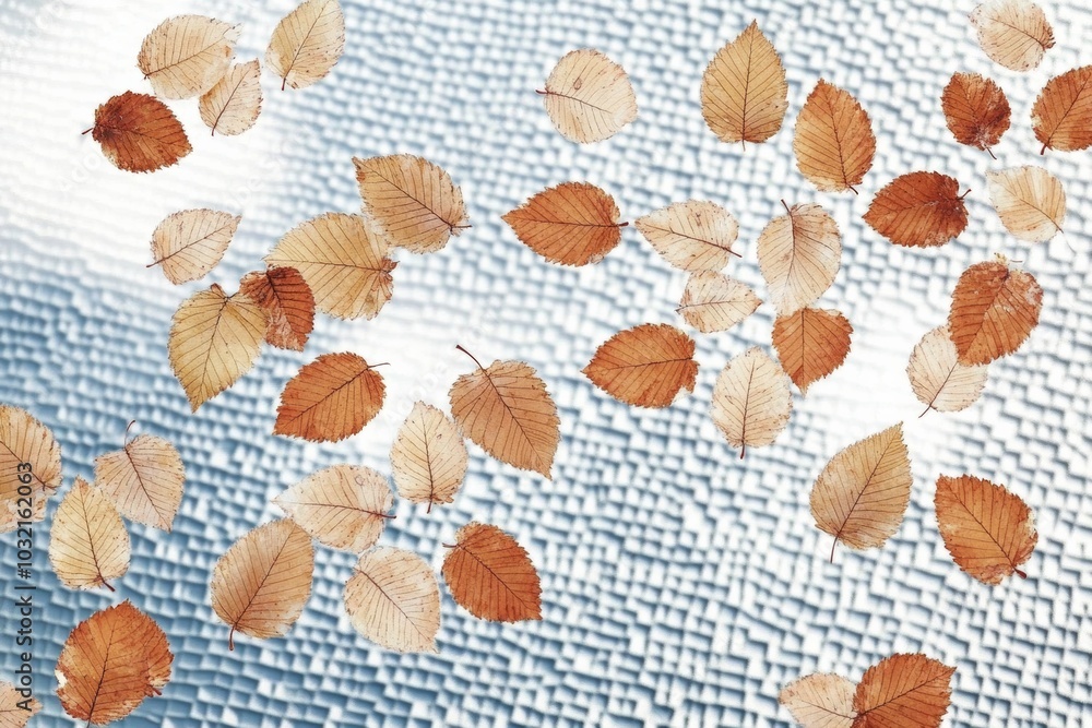 Autumn Leaves Floating on Pond Reflecting Sky - Serene Nature Close-Up with Copy Space Autumn Leaves Floating on Pond Reflecting Sky - Serene Nature Close-Up with Copy Space