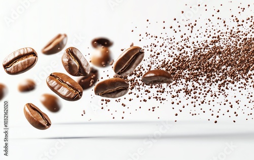 3D coffee beans scattering in midair, white background, lifelike textures, highcontrast shadows, detailed closeup effect photo