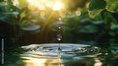 Wallpaper Mural Water droplets falling into a calm pond, creating ripples, surrounded by soft sunlight and blurred orange flowers in a peaceful natural setting Torontodigital.ca