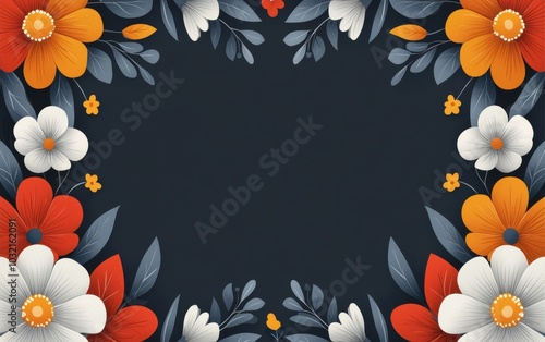 A vibrant floral frame featuring white, red, and orange flowers on a dark background, perfect for adding a touch of nature to any design. photo