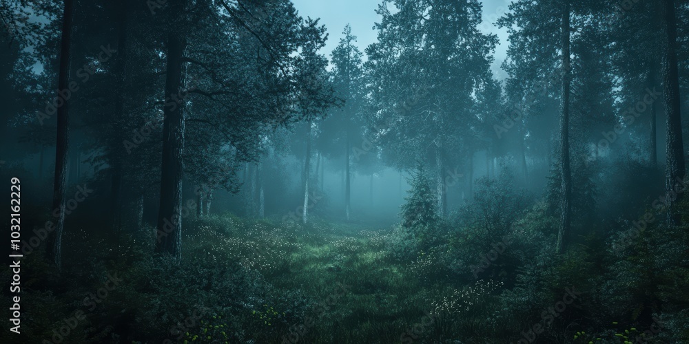 Dark, foggy forest with tall trees. Dark, foggy forest with tall trees.