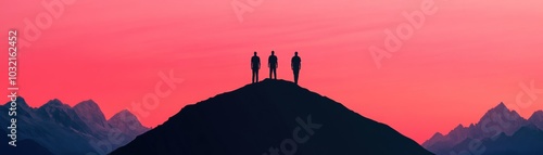 Three silhouettes standing on a mountain peak against a vibrant sunset sky, surrounded by stunning mountain ranges and soft, colorful clouds.