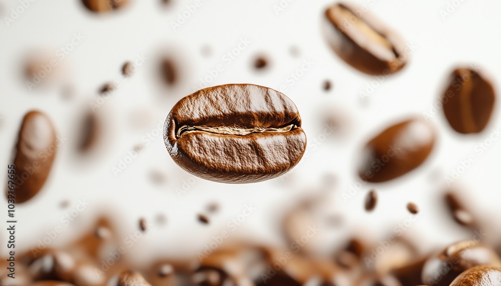 Coffee beans flying dynamically, white background, 3D perspective, perfect shading and highlights, ultrarealistic rendering Coffee beans flying dynamically, white background, 3D perspective, perfect shading and highlights, ultrarealistic rendering