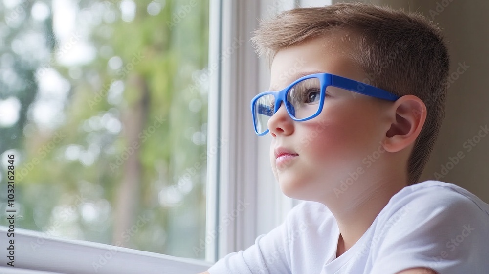 Young child wearing blue glasses focusing on distant tree outside window, symbolizing myopia prevention and importance of outdoor activities. Young child wearing blue glasses focusing on distant tree outside window, symbolizing myopia prevention and importance of outdoor activities.