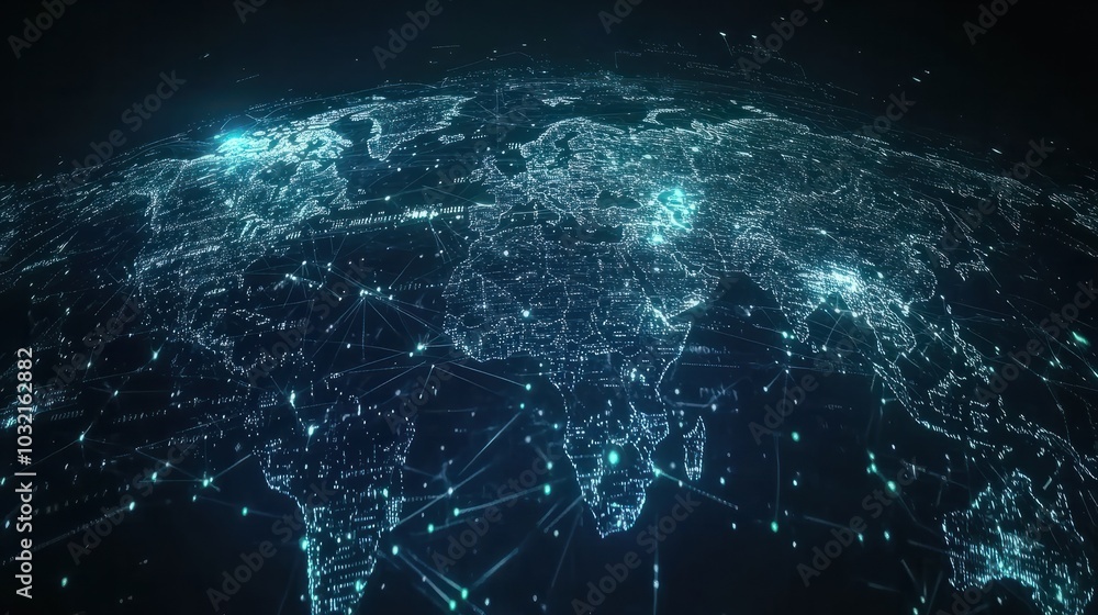 A digital representation of global connectivity featuring a network of data points and lines over a map of the Earth, all illuminated against a dark background A digital representation of global connectivity featuring a network of data points and lines over a map of the Earth, all illuminated against a dark background