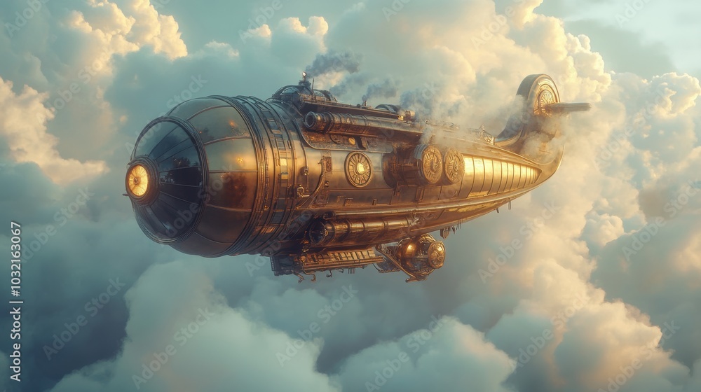 Steampunk airship flying through clouds. Steampunk airship flying through clouds.