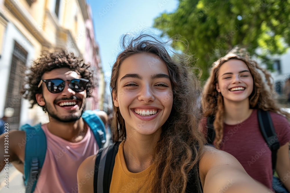Three friends are taking a selfie. This image can be used to represent the concept of friendship, travel, and fun. Three friends are taking a selfie. This image can be used to represent the concept of friendship, travel, and fun.
