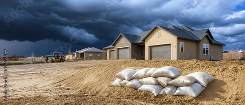 A determined homeowner stacking sandbags along the entrance, reinforcing the property before the storm strikes, with ominous clouds rolling in the background photo