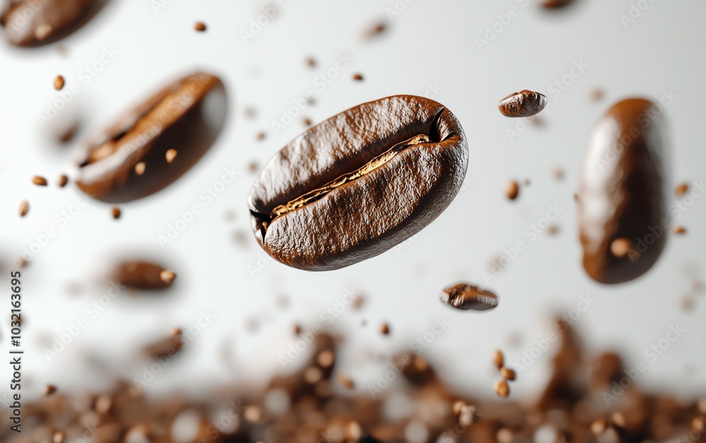 Multiple coffee beans soaring through the air, white background, 3D depth perception, smooth textures, crisp details Multiple coffee beans soaring through the air, white background, 3D depth perception, smooth textures, crisp details