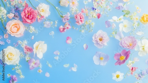 delicate field flowers and unfurling rose petals arranged in a geometric pattern, their vivid hues popping against a serene pastel blue background, flat lay composition