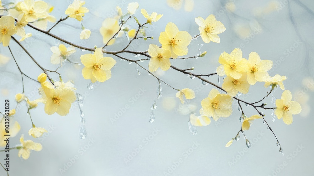 delicate yellow blossoms adorned with crystalline raindrops, their branches forming an intricate lacework against a misty, dawn-lit sky delicate yellow blossoms adorned with crystalline raindrops, their branches forming an intricate lacework against a misty, dawn-lit sky